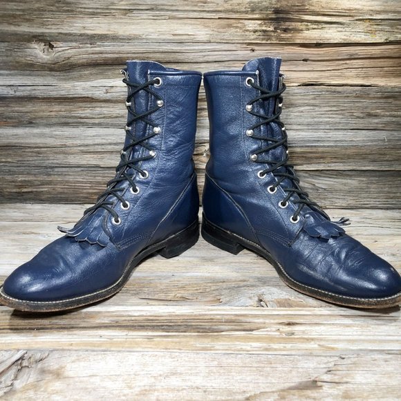 VINTAGE Justin Boot L0527 Western Kiltie Roper Blue Leather Boots Women US 7.5 N - Picture 5 of 10
